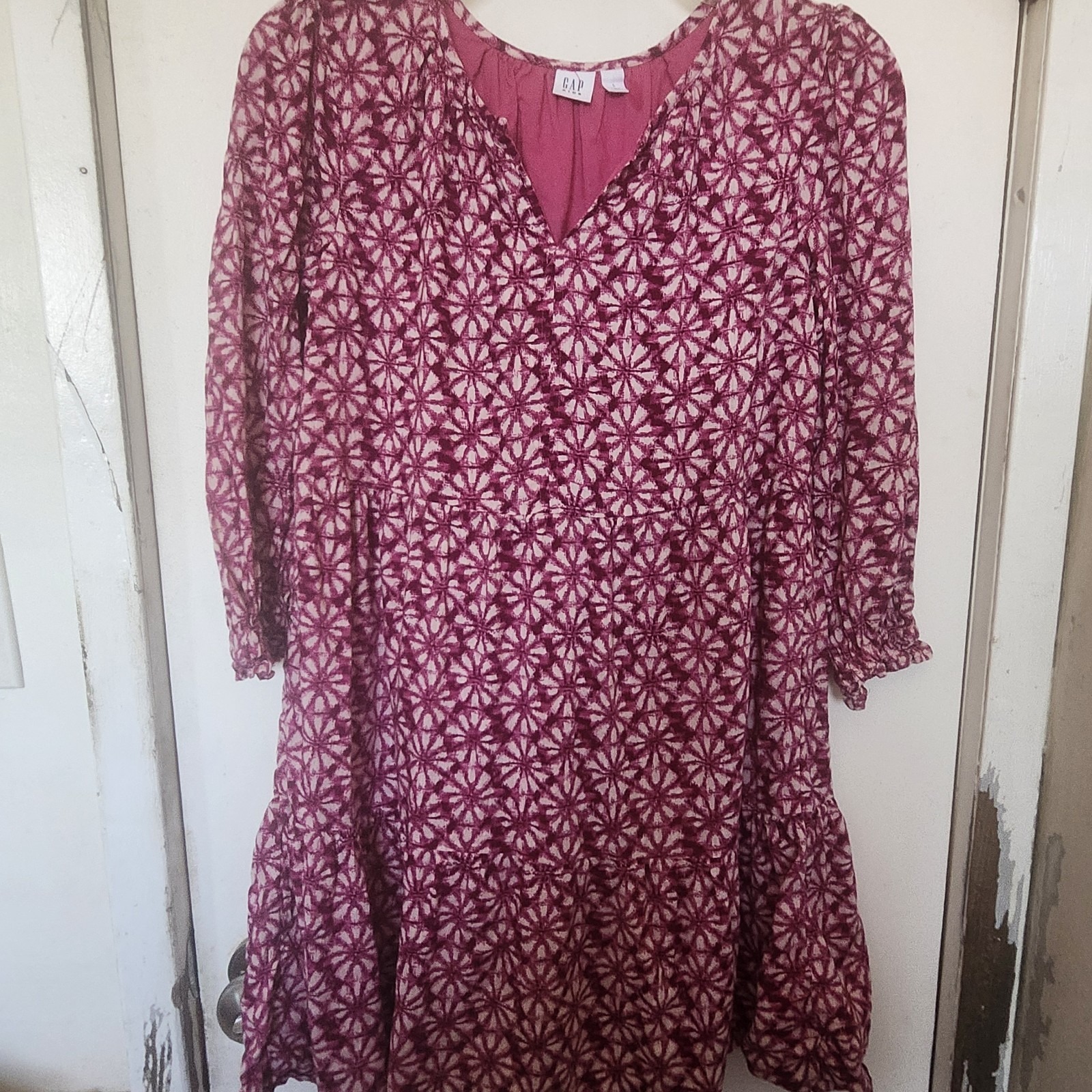 Gap Kids Pink Floral Print Long Sleeve Tiered Print Dress Sz 10 L